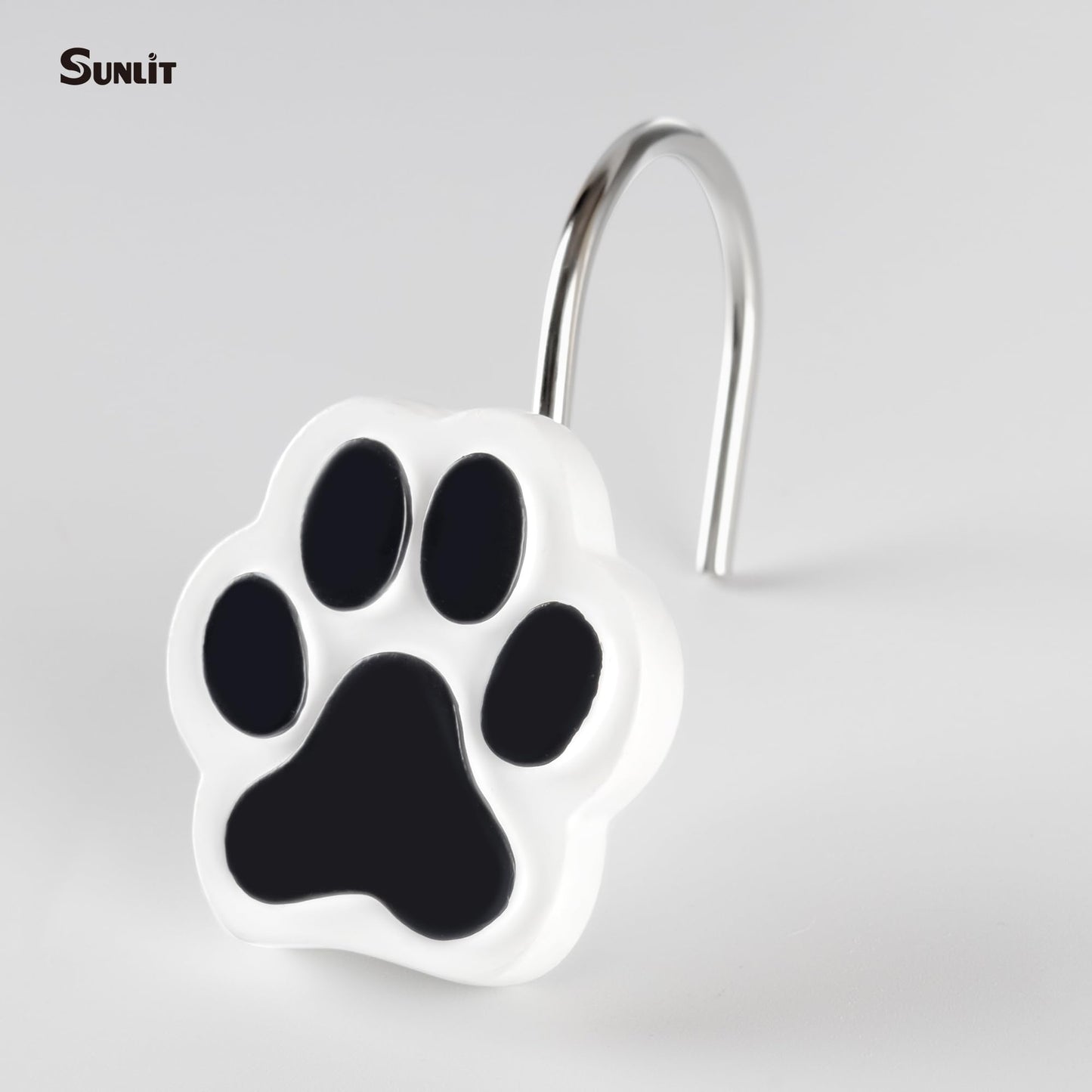 Sunlit Cute Paw Print Decorative Shower Curtain Hooks for Dog Cat Bear, Resin, Lovely Shower Curtain Rings with Black Hooks for Kids, Bathroom Decoration Curtain Hangers, 12 Pack, Black and White