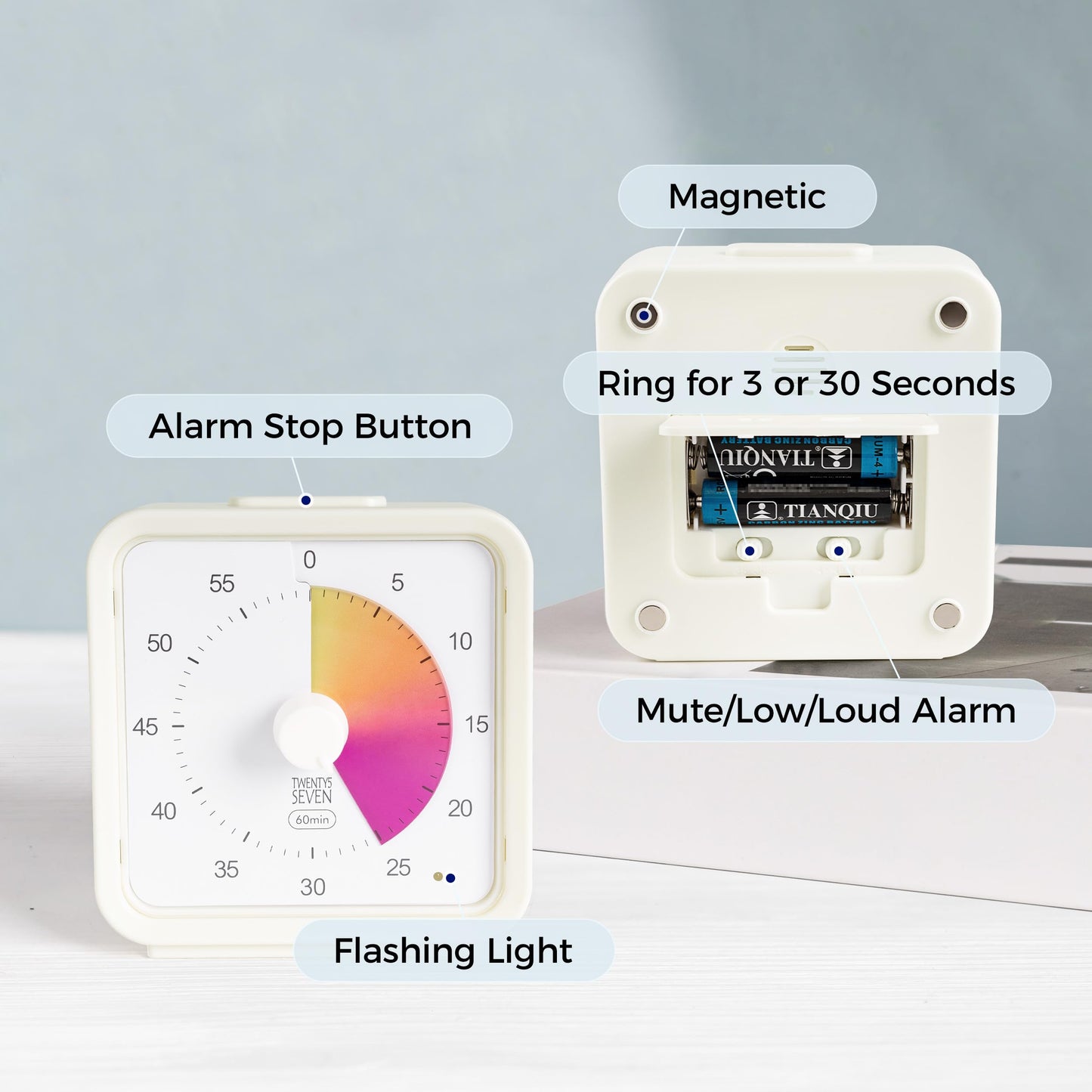 TWENTY5 SEVEN Countdown Timer, 60 Minute 1 Hour Silent Visual Timer, Magnetic Classroom Teaching Tool Office Meeting, Countdown Clock for Kids Time Management, Concentric Rainbow
