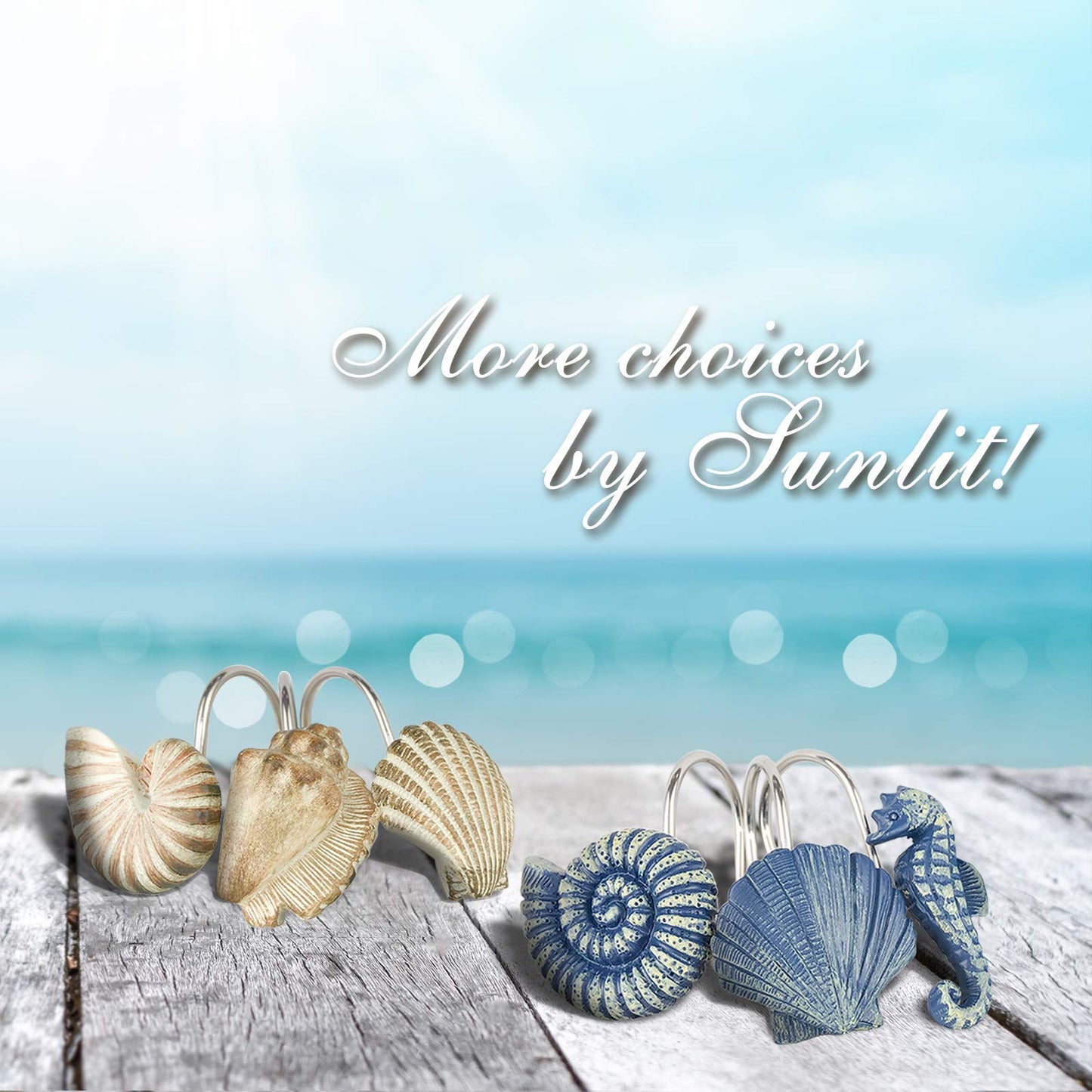 Sunlit Seashells Decorative Shower Curtain Hooks, Blue Ocean Creatures Coastal Shower Curtain Rings with Black Hooks, Resin, Nautical Bathroom Decoration Beach Shower Curtain Hooks, Set of 12