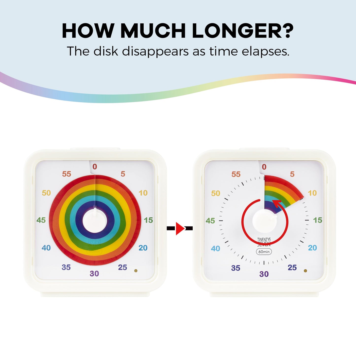 TWENTY5 SEVEN Countdown Timer, 60 Minute 1 Hour Silent Visual Timer, Magnetic Classroom Teaching Tool Office Meeting, Countdown Clock for Kids Time Management, Concentric Rainbow