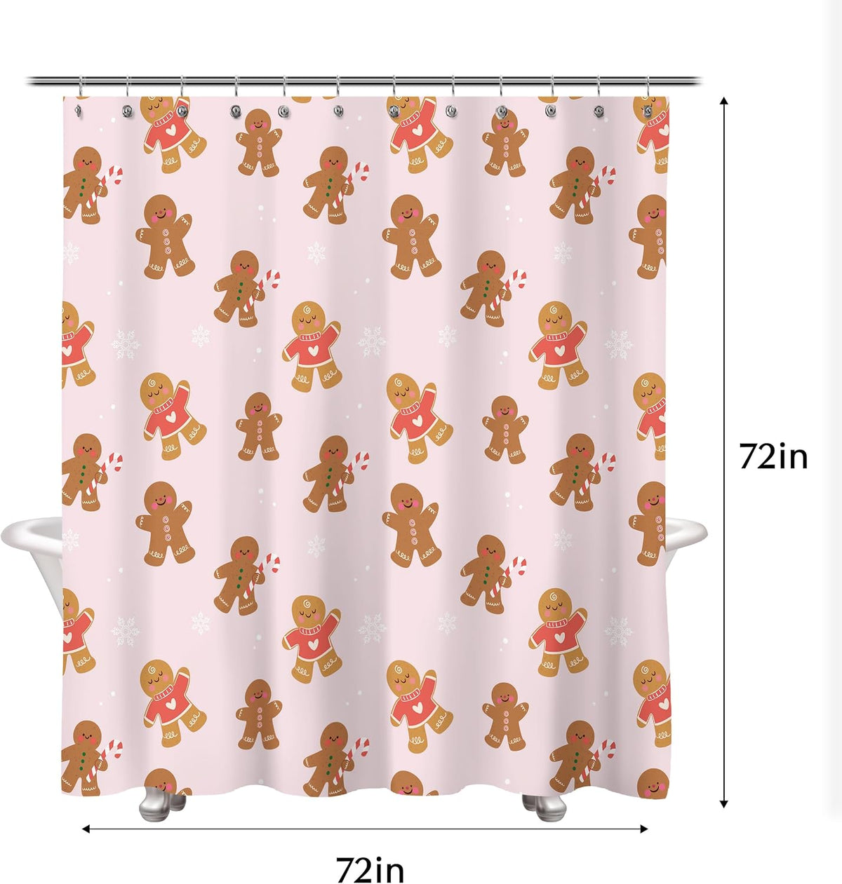 Sunlit Christmas Shower Curtain, Pink Holiday Gingerbread Men with Candy Canes and Snowflakes Cute Xmas Cookie Pattern, Festive Bathroom Fabric Shower Curtain, Home Decor Tapestry, 72" x 72"
