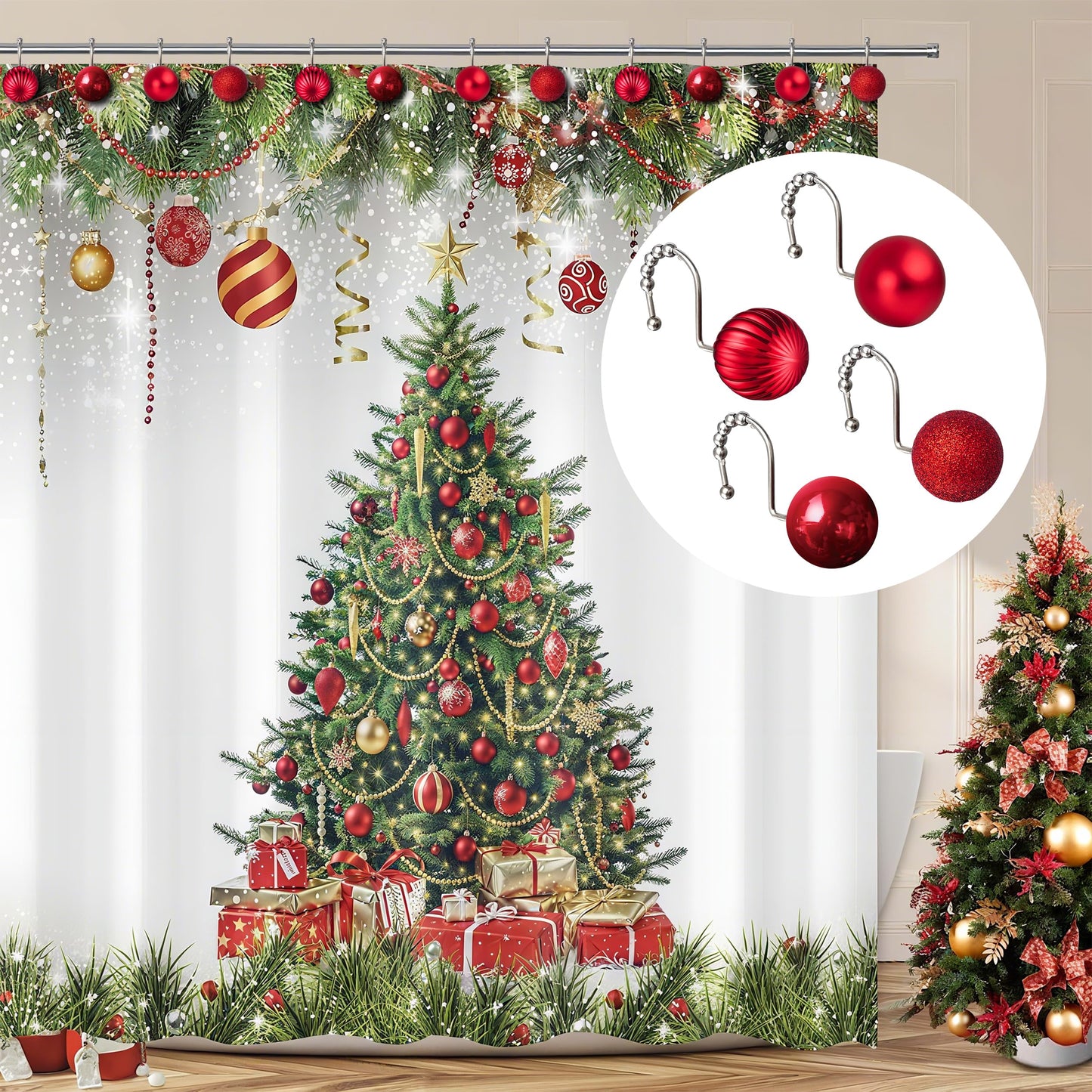 Sunlit Christmas Balls Decorative Shower Curtain Hooks, Shower Curtain Rings with Roller Balls, Xmas Theme Winter Holiday Bathroom Decoration, Set of 12, Red