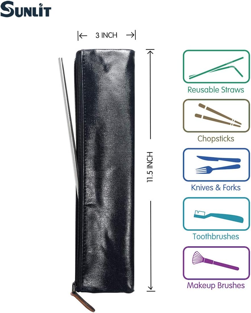 Sunlit 100% Waterproof Wipe Clean Hygienic Carrying Case/Pouch for Reusable Straws - 2 set - For 10.5 inches Straws Silicone or Stainless Steel - Brush/Chopsticks Zipper Bag for Travel