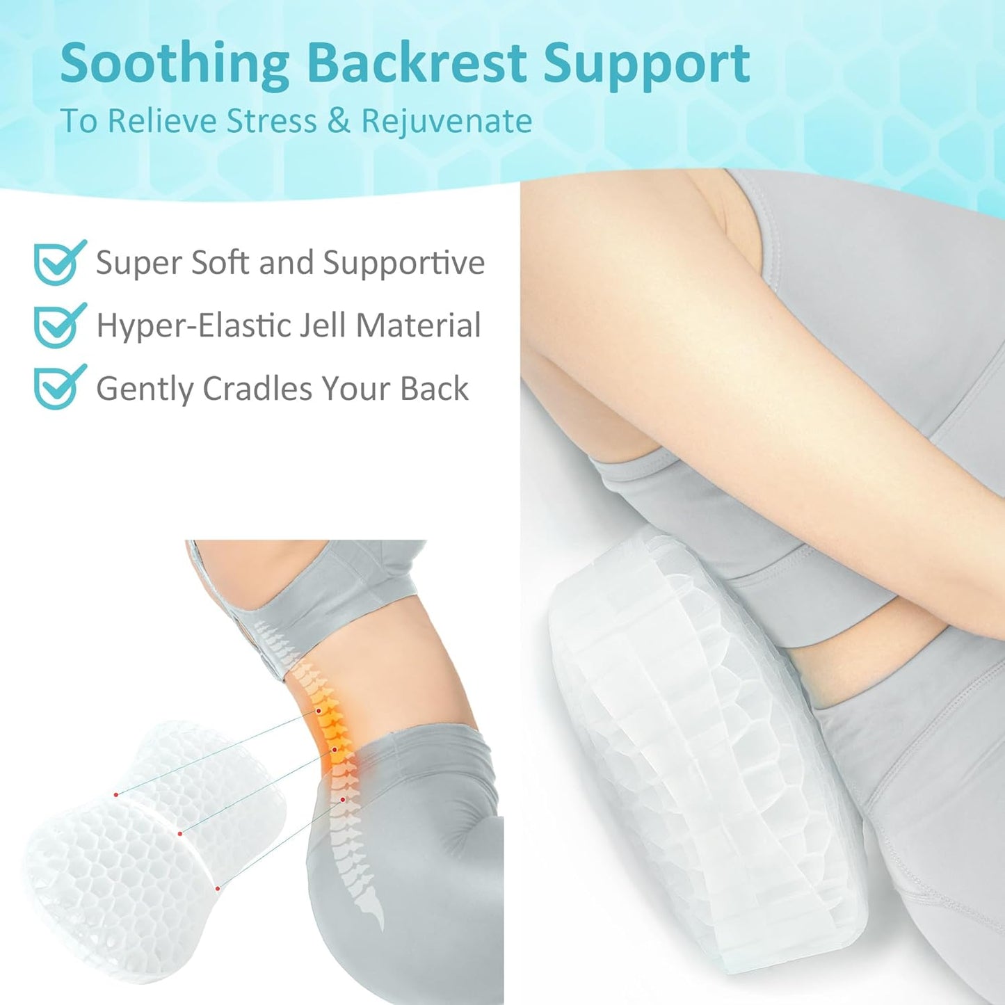 Sunlit Bath Jello Gel Bath Pillows, Lumbar Pillow for Bathtub, Back Support Pillow, Gel Pillow with Non-Slip Suction Cups for Lumbar, Back Rest Support, Fits Curved or Straight Back Tubs, Ice Blue