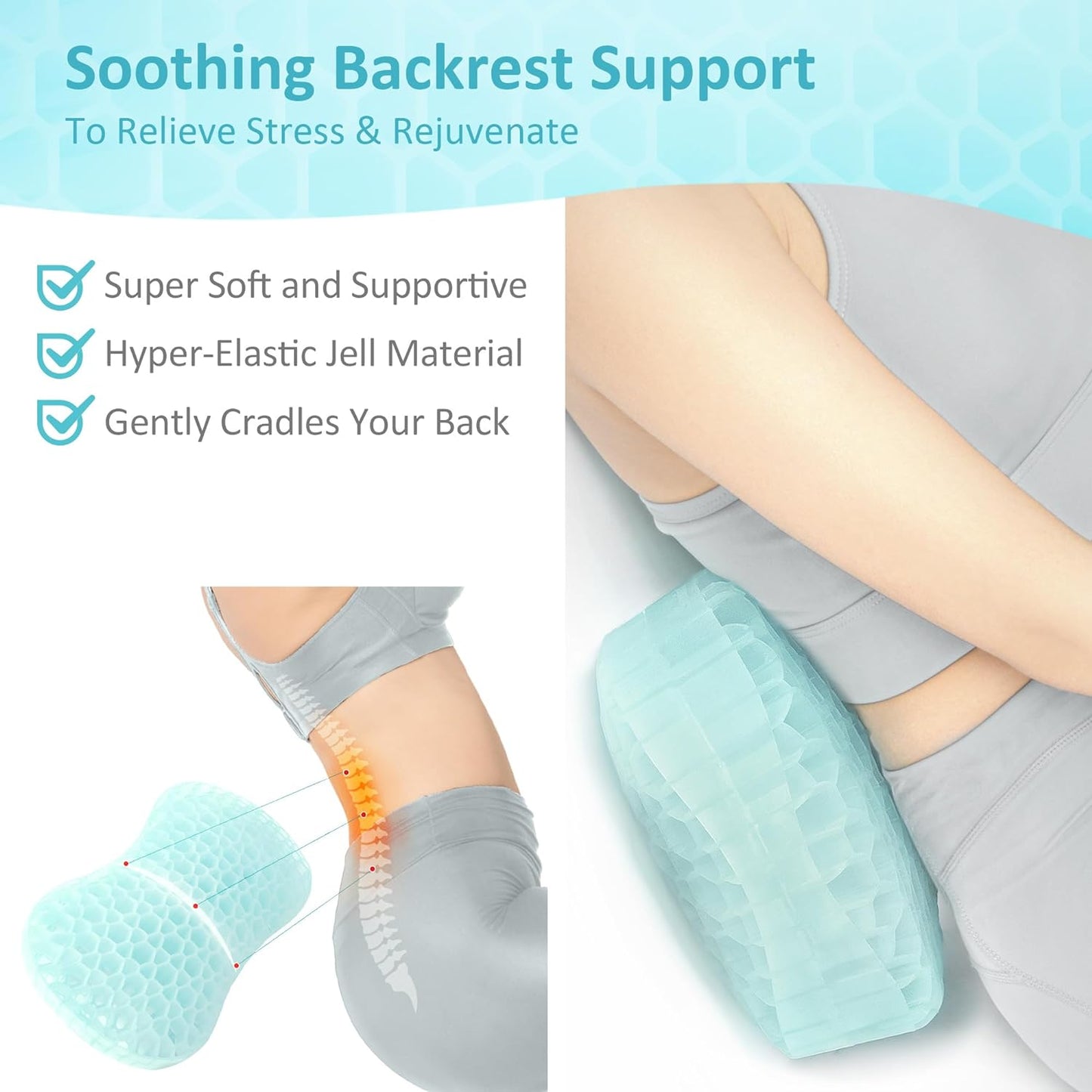 Sunlit Bath Jello Gel Bath Pillows, Lumbar Pillow for Bathtub, Back Support Pillow, Gel Pillow with Non-Slip Suction Cups for Lumbar, Back Rest Support, Fits Curved or Straight Back Tubs, Ice Blue