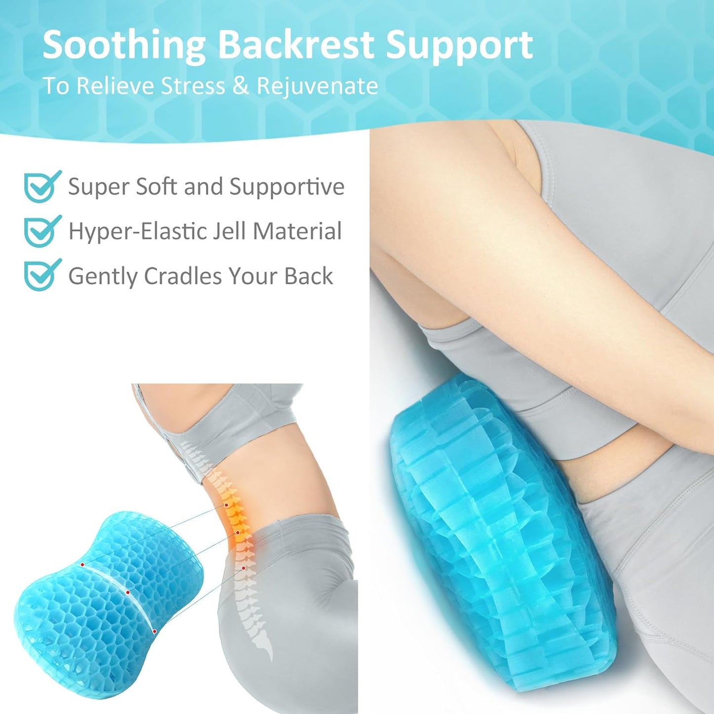 Sunlit Bath Jello Gel Bath Pillows, Lumbar Pillow for Bathtub, Back Support Pillow, Gel Pillow with Non-Slip Suction Cups for Lumbar, Back Rest Support, Fits Curved or Straight Back Tubs, Ice Blue