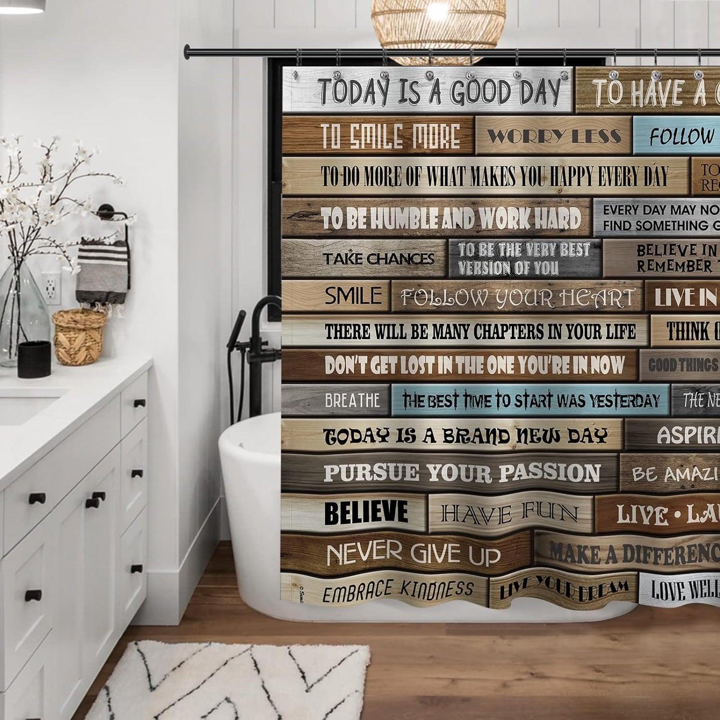 Sunlit Extra Long Inspirational Motivational Happiness Quotes for Courage Be Awesome Poster Print Rustic Cabin Shower Curtain Teak Closet Curtain Home Bathroom Decor Fabric Quote Tapestry