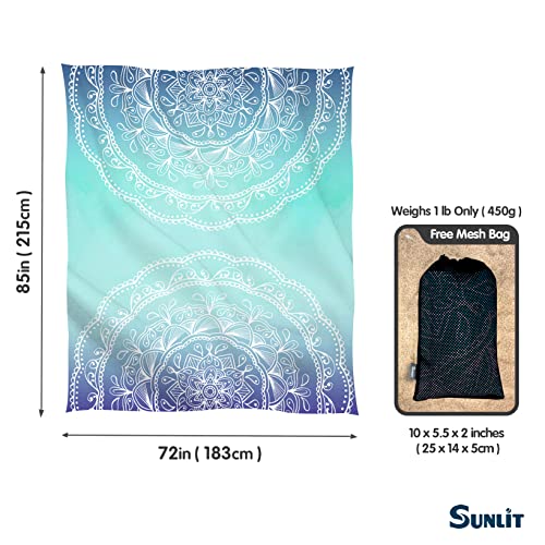 Sunlit 10'x9' Extra Large Boho Sand Proof Beach Blanket, Sand Proof Mat with Corner Pockets and Mesh Bag for Beach Party, Travel, Camping and Outdoor Music Festival, Light Orange and Sky Blue Mandala