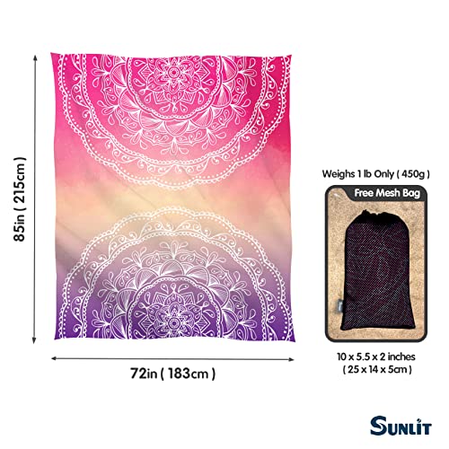 Sunlit 10'x9' Extra Large Boho Sand Proof Beach Blanket, Sand Proof Mat with Corner Pockets and Mesh Bag for Beach Party, Travel, Camping and Outdoor Music Festival, Light Orange and Sky Blue Mandala