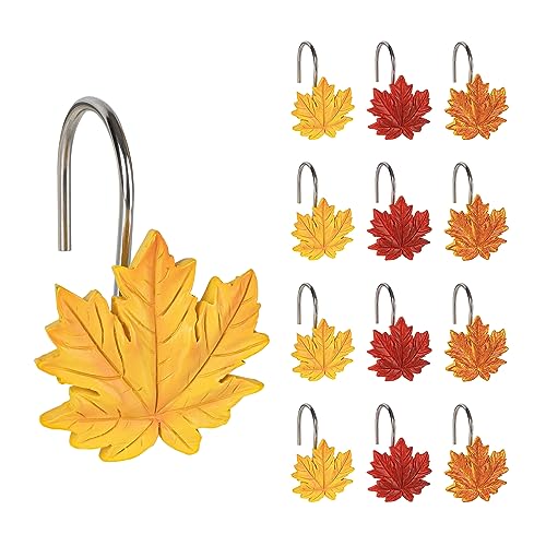 Sunlit Fall Autumn Decorative Shower Curtain Hooks, Pumpkin Maple Leaf Squirrel Acorn Shower Curtain Rings, Resin, Orange Leaves Cute Bathroom Curtain Hangers Decoration, Set of 12