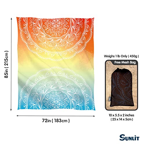 Sunlit 10'x9' Extra Large Boho Sand Proof Beach Blanket, Sand Proof Mat with Corner Pockets and Mesh Bag for Beach Party, Travel, Camping and Outdoor Music Festival, Light Orange and Sky Blue Mandala