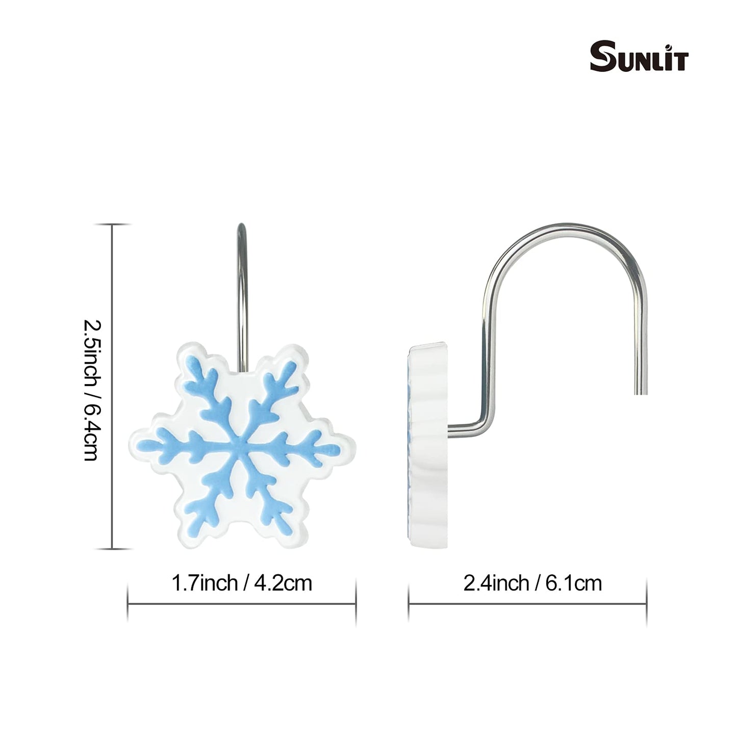 Sunlit Christmas Shower Curtain Hooks Snowflakes Double Shower Curtain Rings, Resin, Red and White Christmas Decor, Winter Bathroom Decoration - 12 Pack