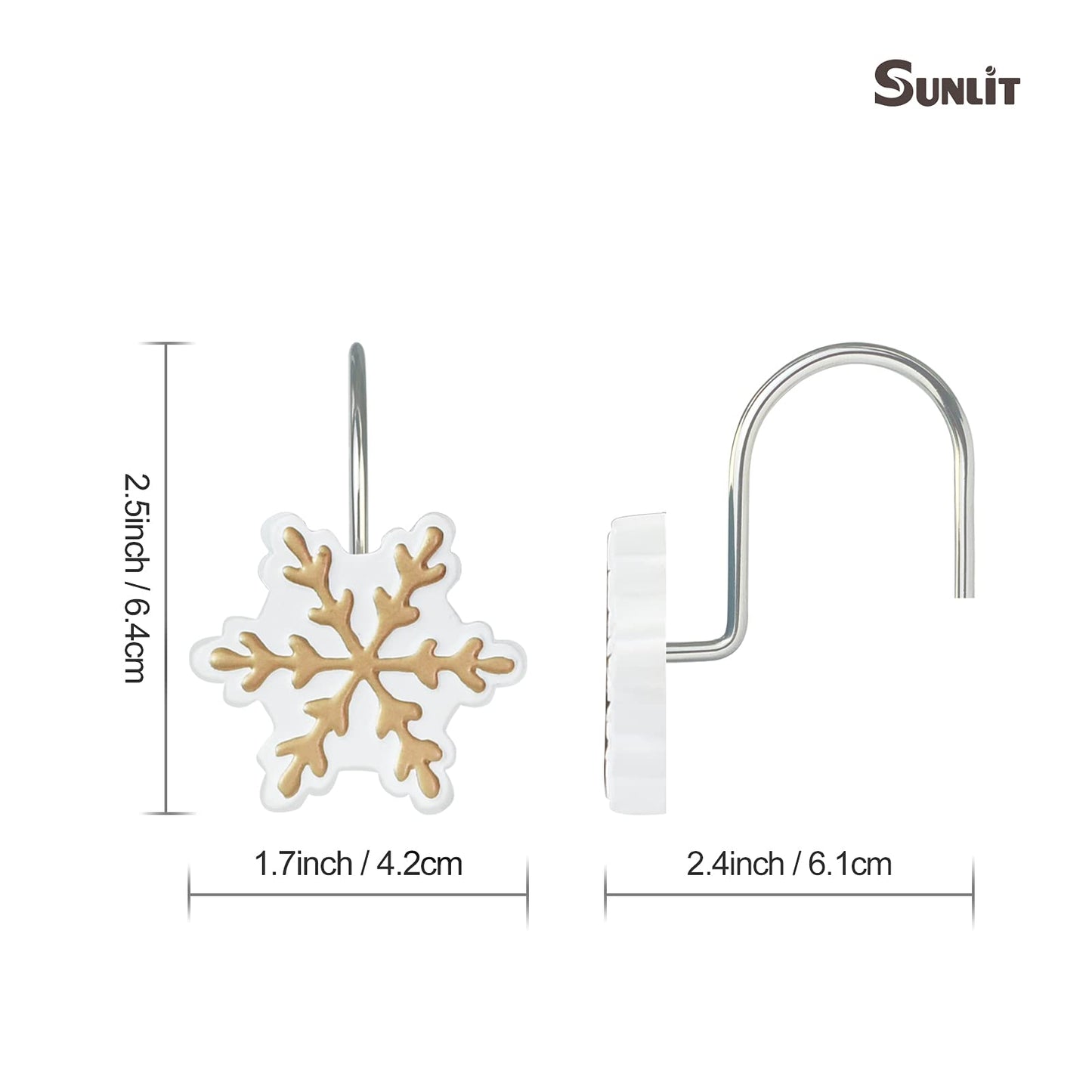 Sunlit Christmas Shower Curtain Hooks Snowflakes Double Shower Curtain Rings, Resin, Red and White Christmas Decor, Winter Bathroom Decoration - 12 Pack