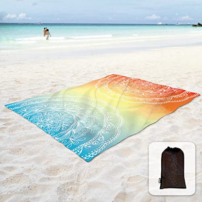 Sunlit 10'x9' Extra Large Boho Sand Proof Beach Blanket, Sand Proof Mat with Corner Pockets and Mesh Bag for Beach Party, Travel, Camping and Outdoor Music Festival, Light Orange and Sky Blue Mandala