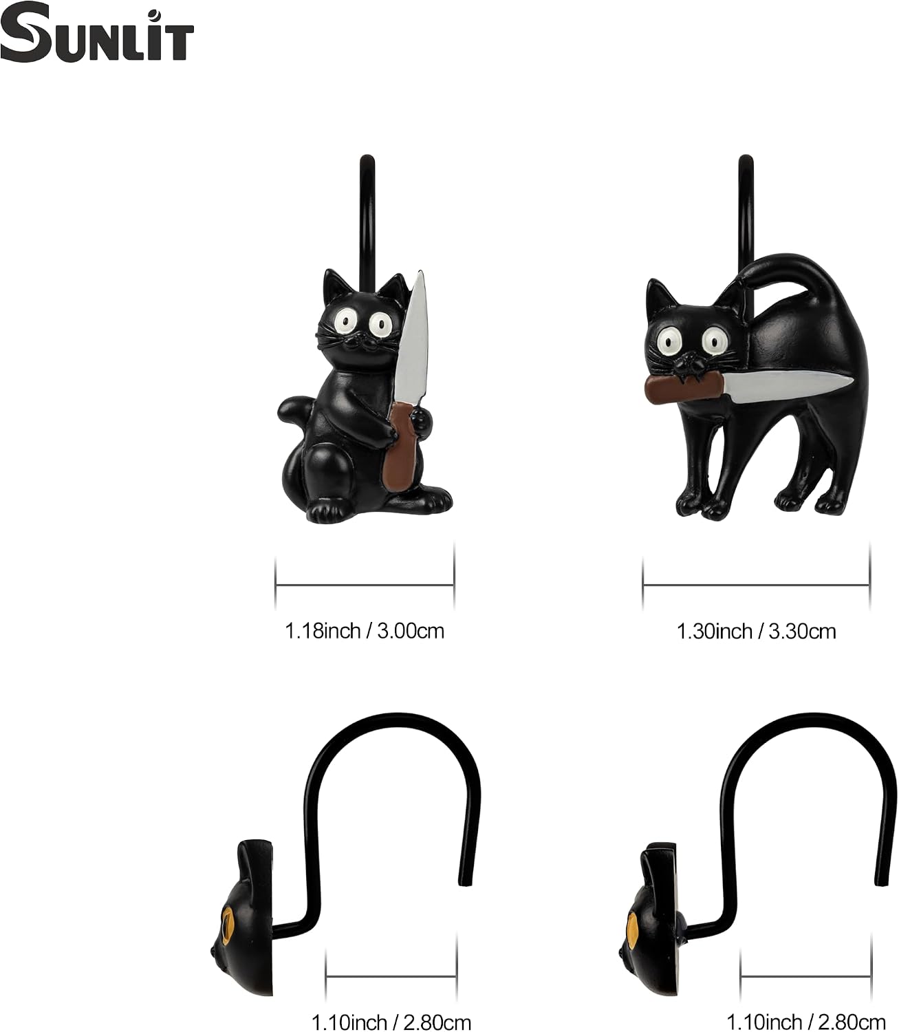 Sunlit Halloween Creepy Black Cat Shower Curtain Hooks, Home Decorative Shower Curtain Rings for Bathroom, Spooky Shower Curtain Hangers Bathroom Accessories, Set of 12