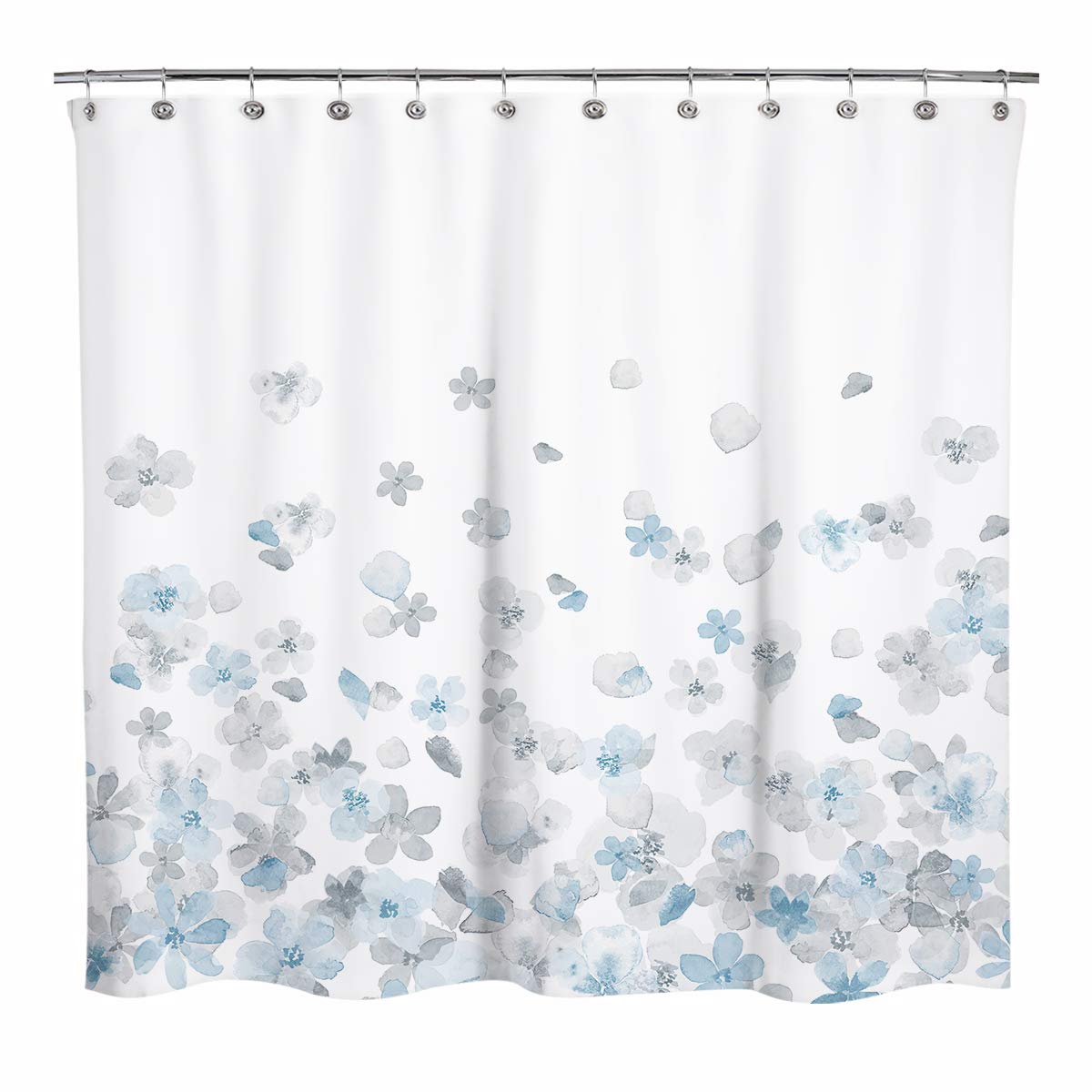 Sunlit Design Simple Style Blue and Gray Flower Blossoms Fabric Shower Curtains for Bathroom Decor with White Background, Machine Washable