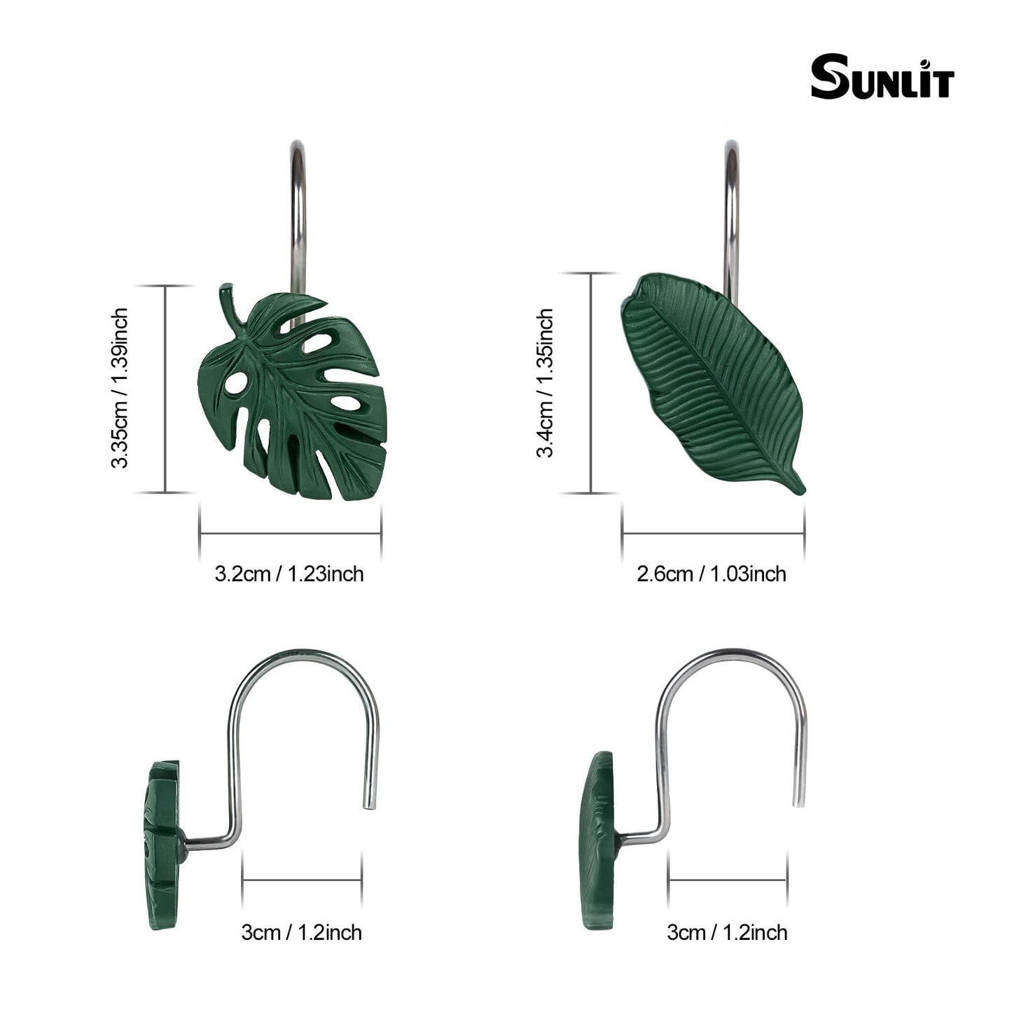 Tropical Leaf Decorative Shower Curtain Hooks Green Botanical Shower Curtain Rings, Resin, Monstera Deliciosa Leaves Shower Curtain Hangers for Bathroom, Set of 12
