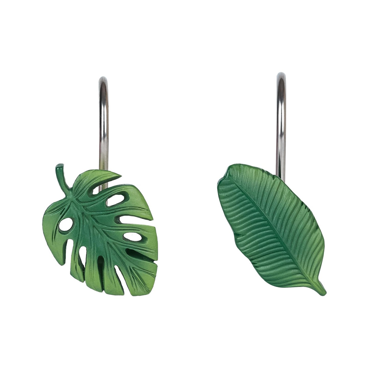 Tropical Leaf Decorative Shower Curtain Hooks Green Botanical Shower Curtain Rings, Resin, Monstera Deliciosa Leaves Shower Curtain Hangers for Bathroom, Set of 12