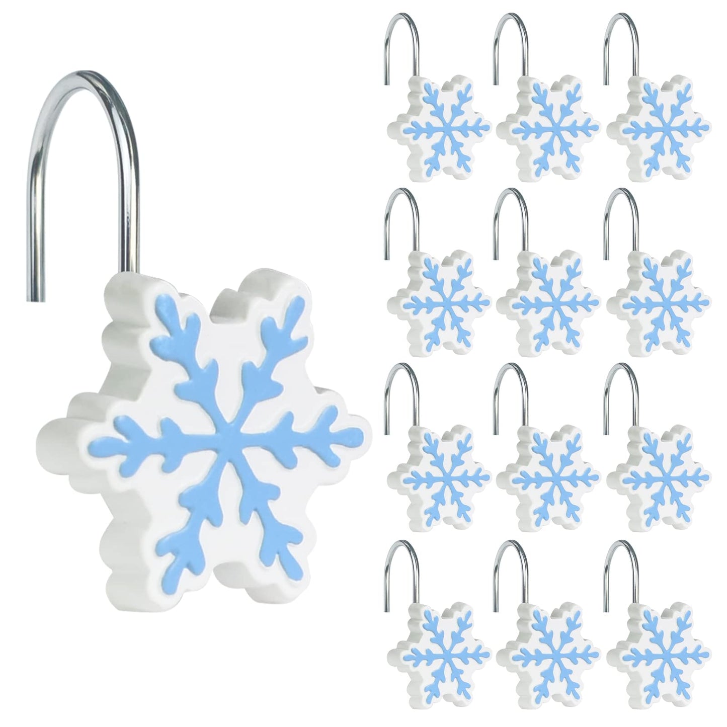 Sunlit Christmas Shower Curtain Hooks Snowflakes Double Shower Curtain Rings, Resin, Red and White Christmas Decor, Winter Bathroom Decoration - 12 Pack