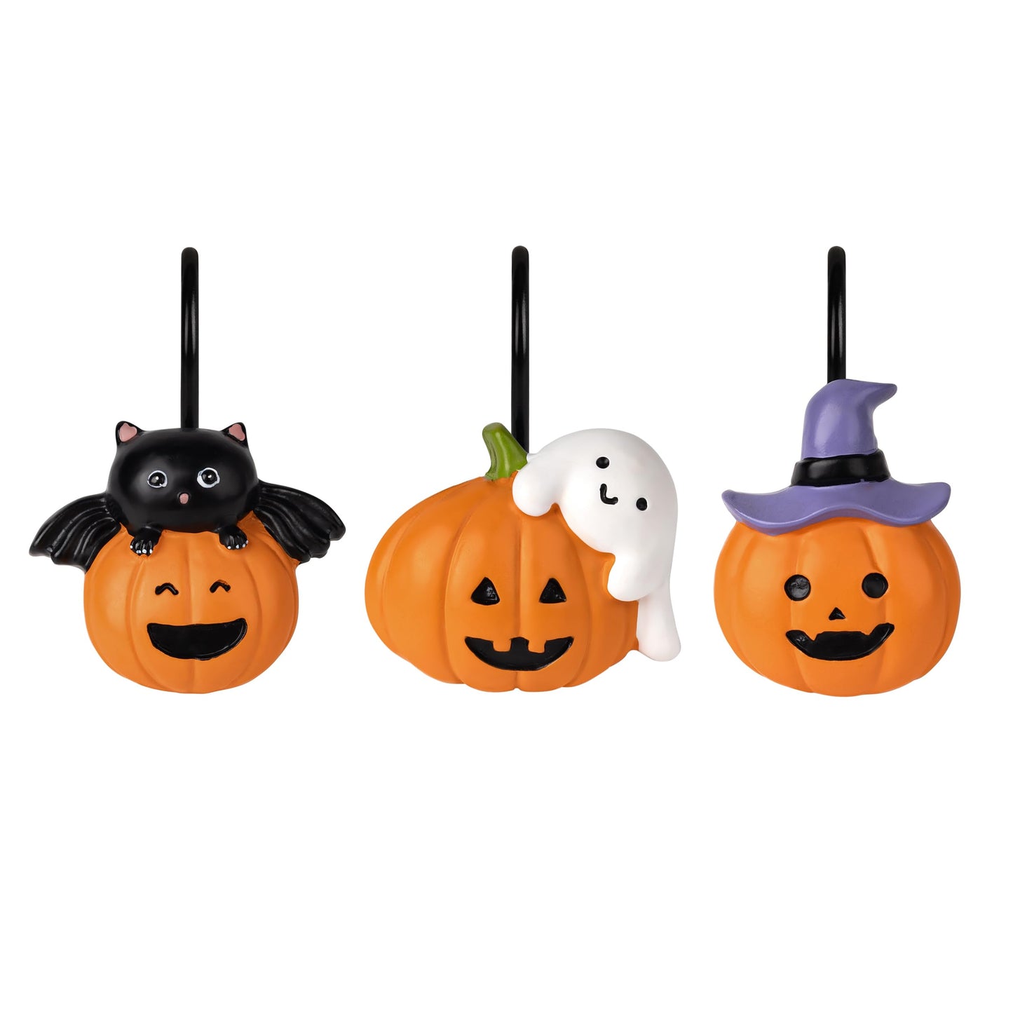Sunlit Halloween Ghost and Pumpkin Shower Curtain Hooks Set of 12, Cute Jack O Lantern and White Ghost Curtain Rings for Bathroom, Spooky Decorative Bath Accessories