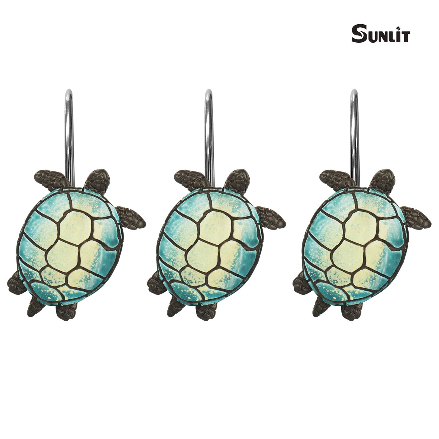 Sunlit Sea Turtle Shower Curtain Hooks, Home Decorative Shower Curtain Rings for Bathroom, Resin, Ocean Shower Curtain Hanger Hooks for Kid Room Living Room, Set of 12