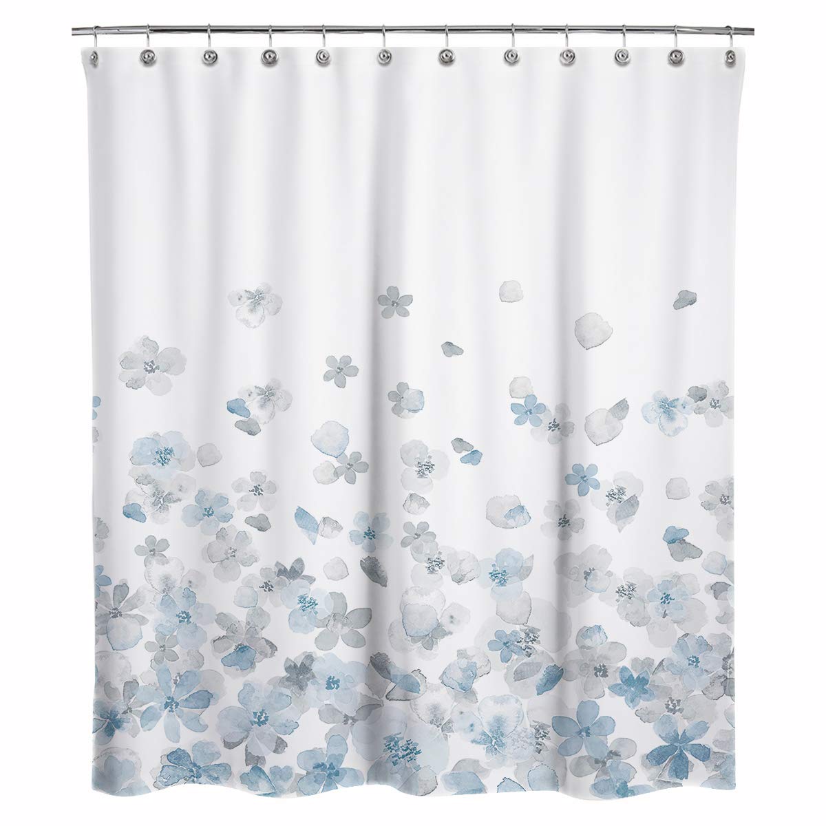 Sunlit Design Simple Style Blue and Gray Flower Blossoms Fabric Shower Curtains for Bathroom Decor with White Background, Machine Washable