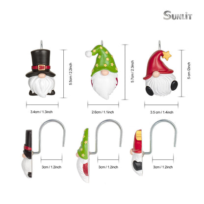 Sunlit Christmas Shower Curtain Hooks, Gnome Shower Curtain Rings, Hand Painted Resin Christmas Decor, Winter Bathroom Decoration, Red Hat with White Polka Dot, Set of 12