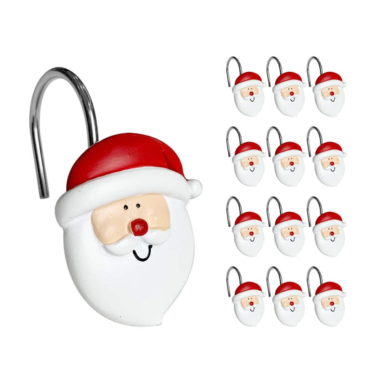 Sunlit Merry Christmas Shower Curtain Hooks Smiling Santa Claus Shower Curtain Rings, Resin, Christmas Decor, Winter Bathroom Decoration - 12 Pack