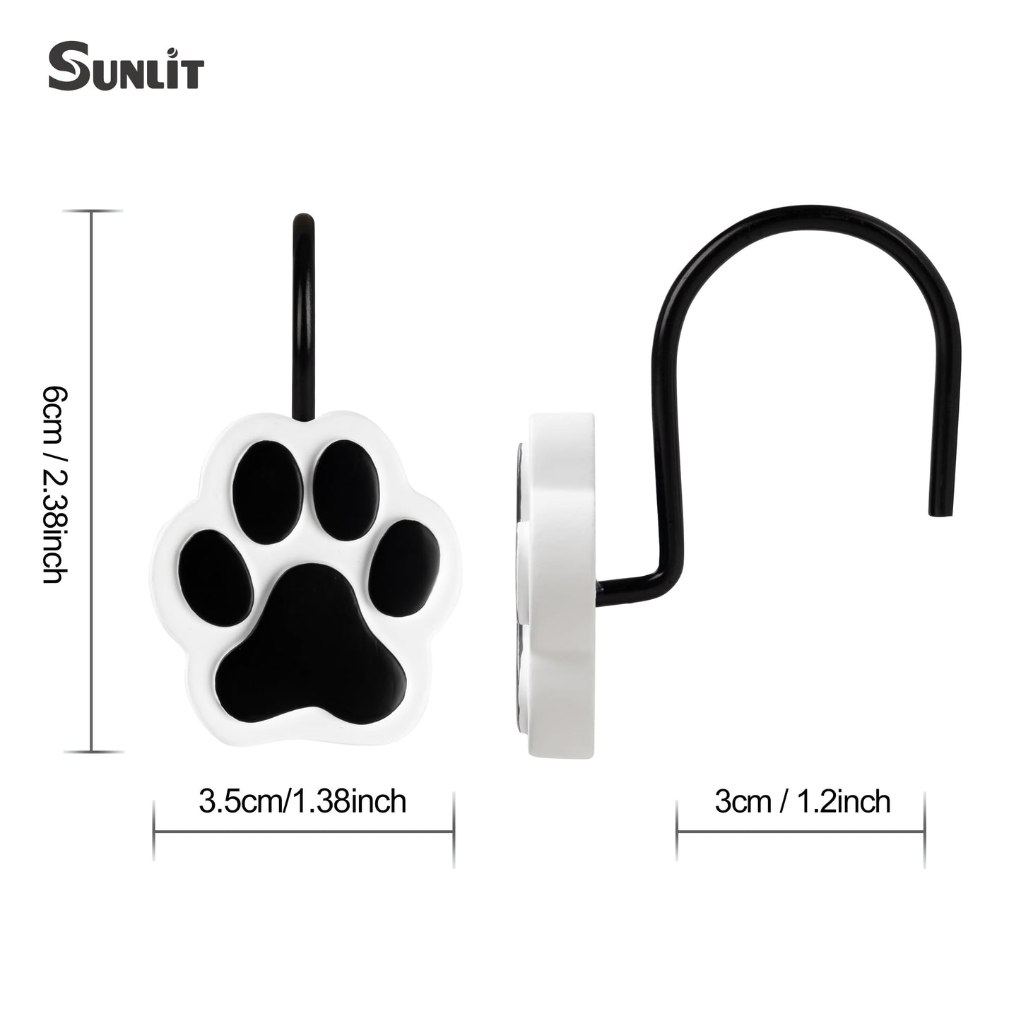 Sunlit Cute Paw Print Decorative Shower Curtain Hooks for Dog Cat Bear, Resin, Lovely Shower Curtain Rings for Kids, Bathroom Decoration Curtain, 12 Pack, Black and White