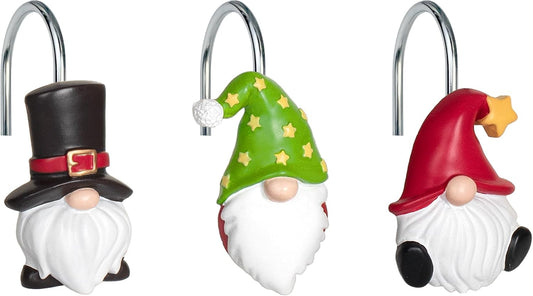 Sunlit Christmas Shower Curtain Hooks, Gnome Shower Curtain Rings, Hand Painted Resin Christmas Decor, Winter Bathroom Decoration, Black Green Red with Star, Set of 12