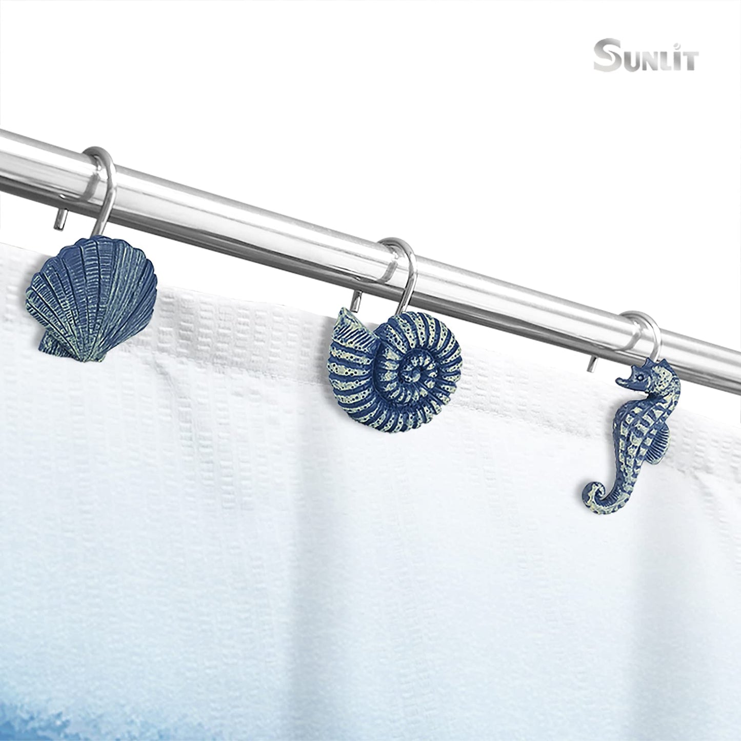 Sunlit Seashells Decorative Shower Curtain Hooks, Aqua Blue Ocean Creatures Coastal Shower Curtain Rings with Black Hooks, Resin, Nautical Bathroom Decoration Beach Shower Curtain Hooks, Set of 12