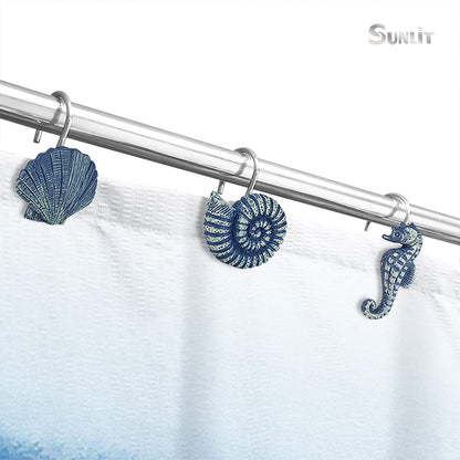 Sunlit Seashells Decorative Shower Curtain Hooks, Aqua Blue Ocean Creatures Coastal Shower Curtain Rings with Black Hooks, Resin, Nautical Bathroom Decoration Beach Shower Curtain Hooks, Set of 12