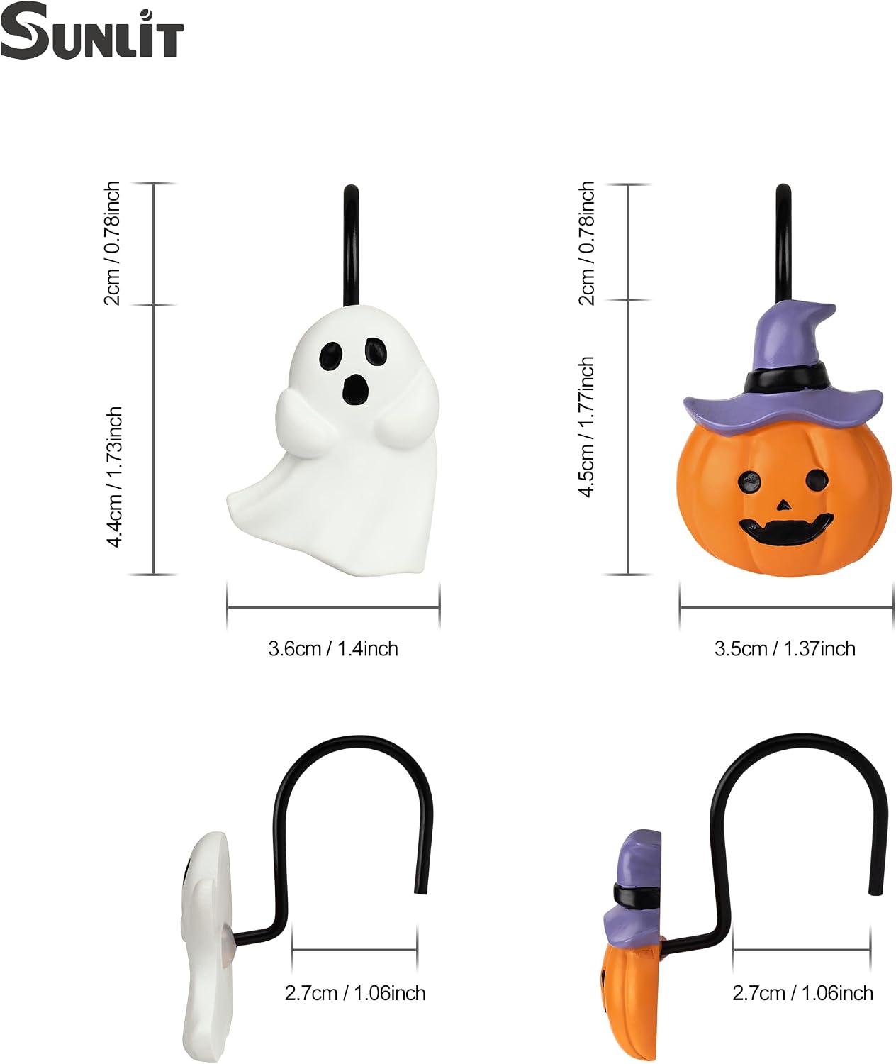 Sunlit Halloween Ghost and Pumpkin Shower Curtain Hooks Set of 12, Cute Jack O Lantern and White Ghost Curtain Rings for Bathroom, Spooky Decorative Bath Accessories