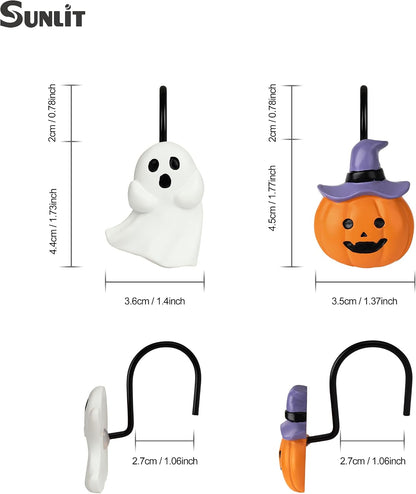 Sunlit Halloween Ghost and Pumpkin Shower Curtain Hooks Set of 12, Cute Jack O Lantern and White Ghost Curtain Rings for Bathroom, Spooky Decorative Bath Accessories
