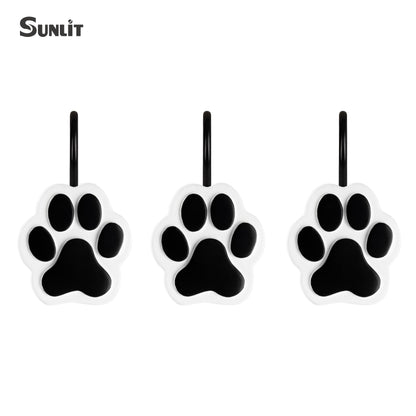 Sunlit Cute Paw Print Decorative Shower Curtain Hooks for Dog Cat Bear, Resin, Lovely Shower Curtain Rings for Kids, Bathroom Decoration Curtain, 12 Pack, Black and White