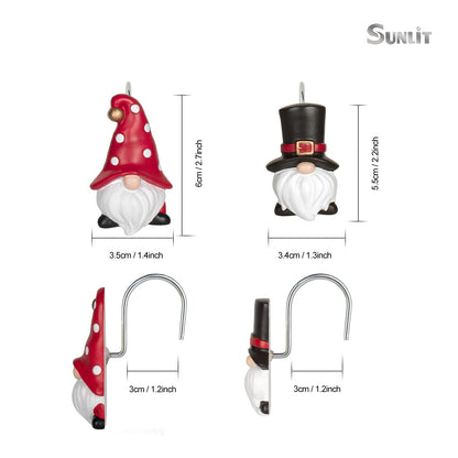 Sunlit Christmas Shower Curtain Hooks, Gnome Shower Curtain Rings, Hand Painted Resin Christmas Decor, Winter Bathroom Decoration, Red Hat with White Polka Dot, Set of 12