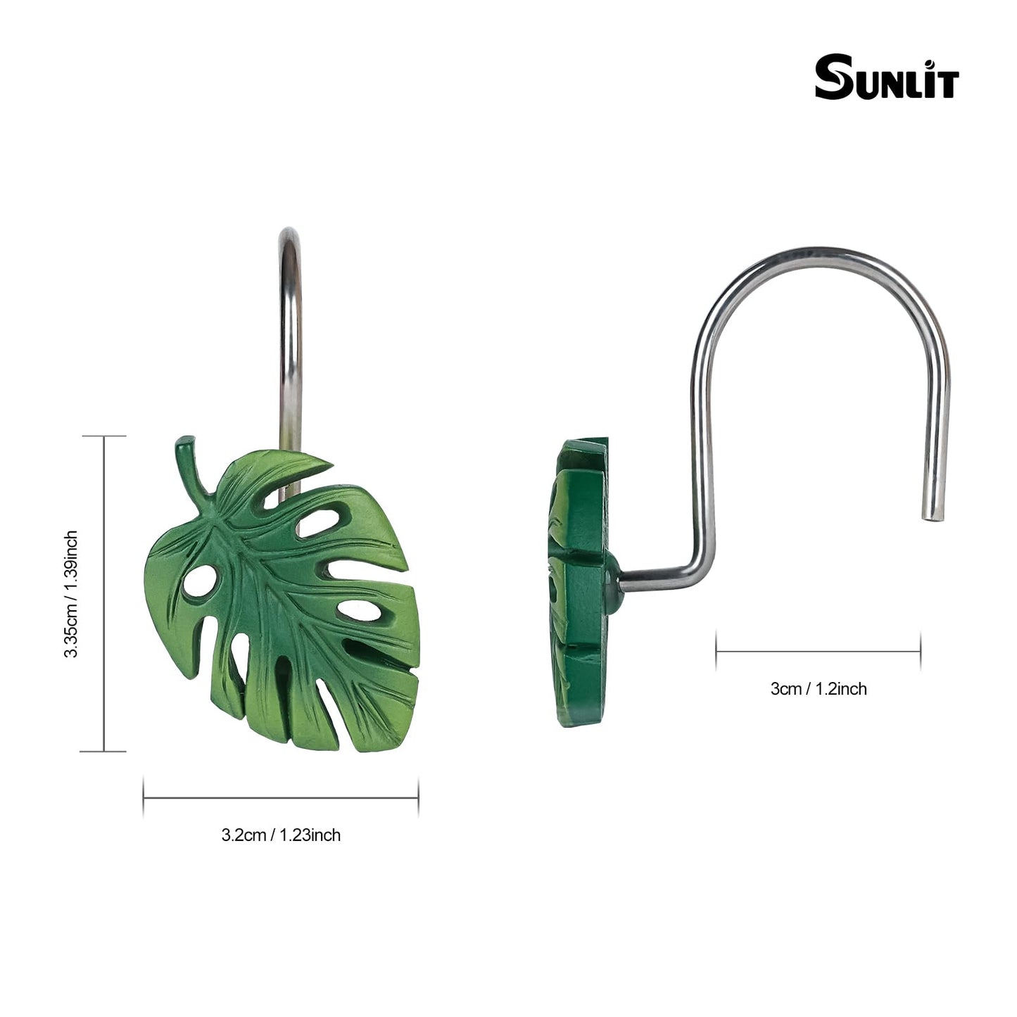 Tropical Leaf Decorative Shower Curtain Hooks, Green Botanical Shower Curtain Rings with Black Hooks, Resin, Monstera Deliciosa Leaves Shower Curtain Hangers for Bathroom, Set of 12
