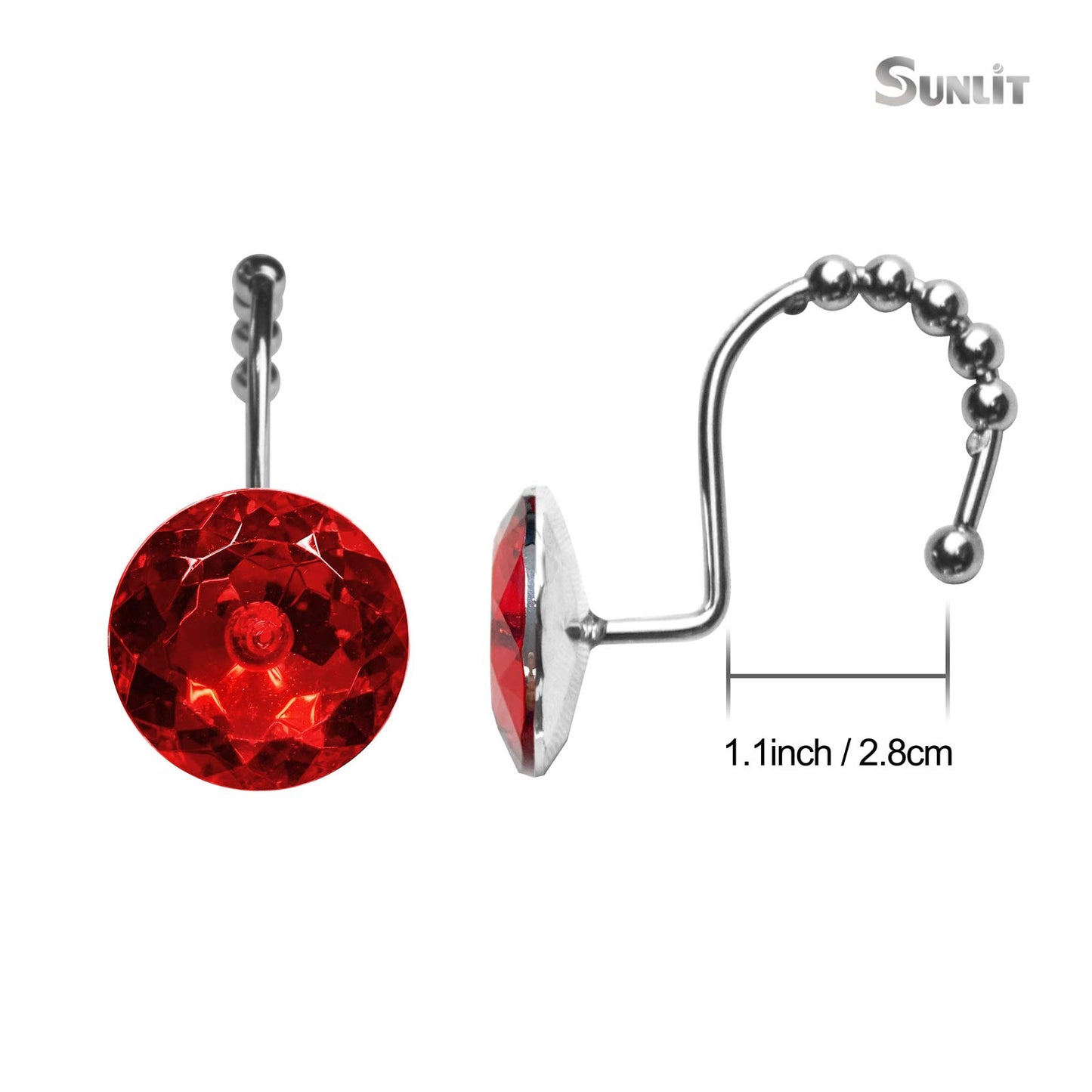 Sunlit Round Rhinestone Shower Curtain Hooks with Glide Balls, 12 Pack