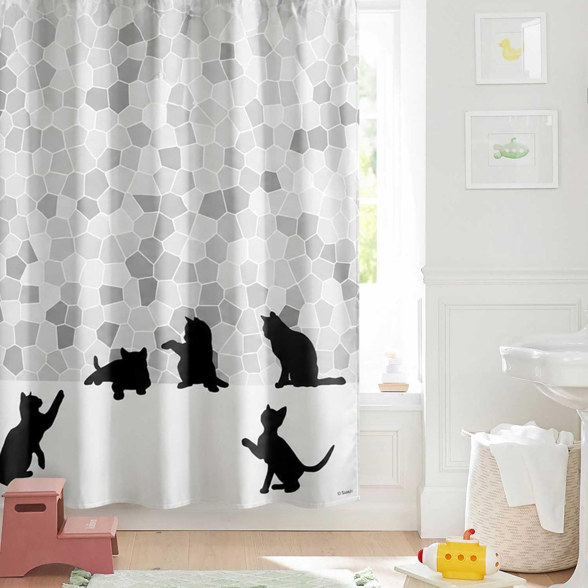 Sunlit Design Black Cat Silhouette and Gray Mosaic Fabric Shower Curtain. Grey and White