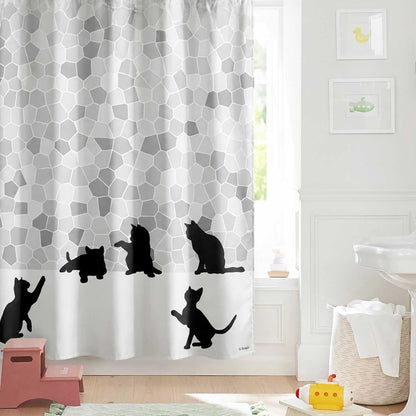 Sunlit Design Black Cat Silhouette and Gray Mosaic Fabric Shower Curtain. Grey and White