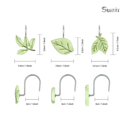 Light Green Plant Leaves Decorative Shower Curtain Hooks, Tropical Botanical Plam Tree Leaf Shower Curtain Rings for Bathroom, Resin, Cute Shower Curtain Hanger Hooks Bathroom Decor, Set of 12