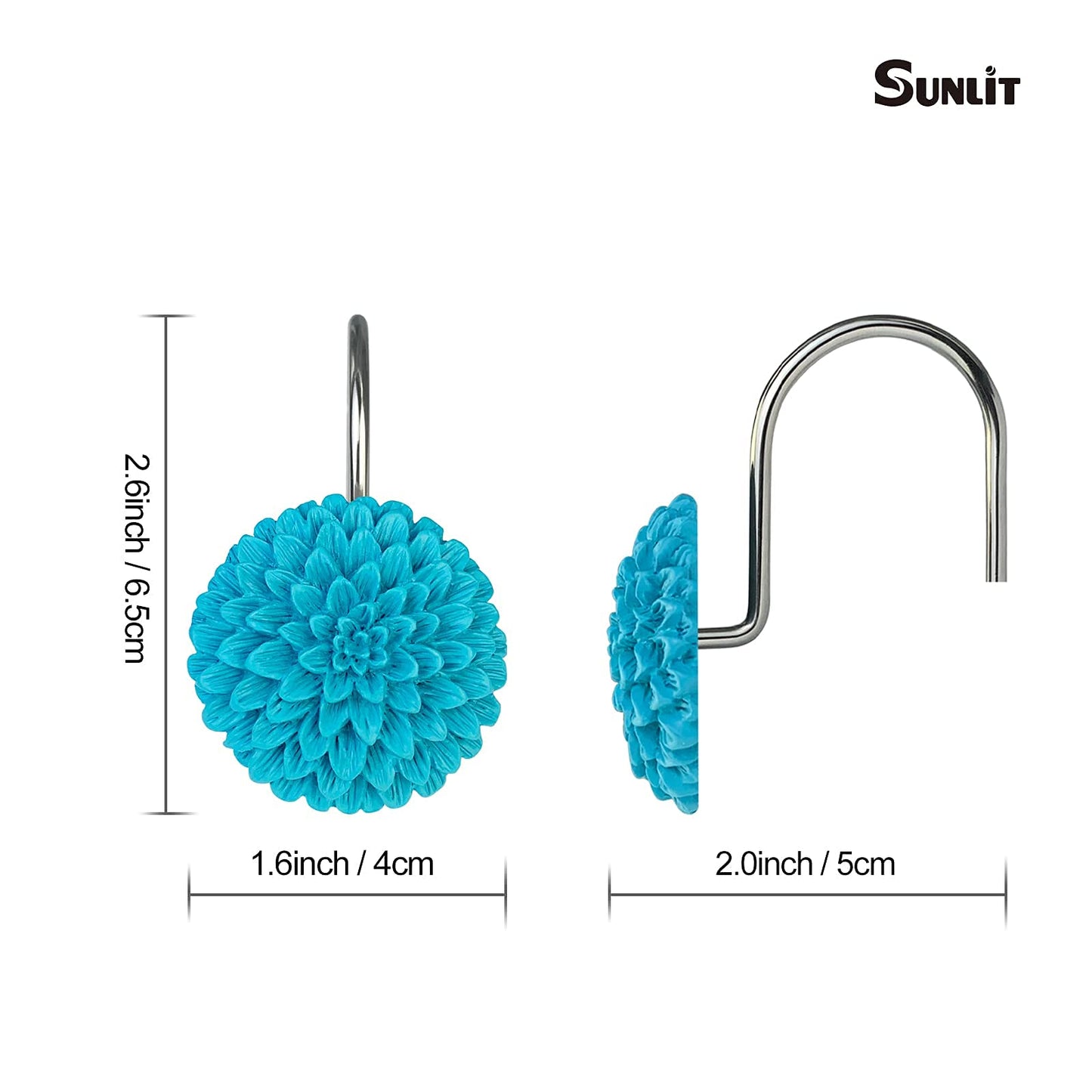 Sunlit Decorative Floral Shower Curtain Hooks, Turquoise Dahlia Pinnata Flower Shower Curtain Rings, Resin, Bathroom Decoration Blue Shower Curtain Hooks-12 Pack