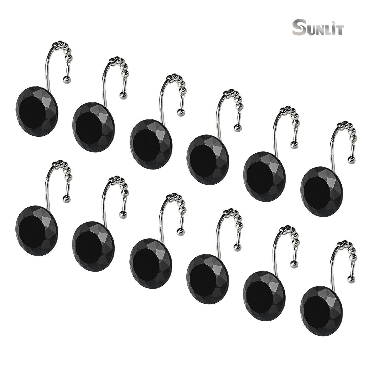 Sunlit Round Rhinestone Shower Curtain Hooks with Glide Balls, 12 Pack
