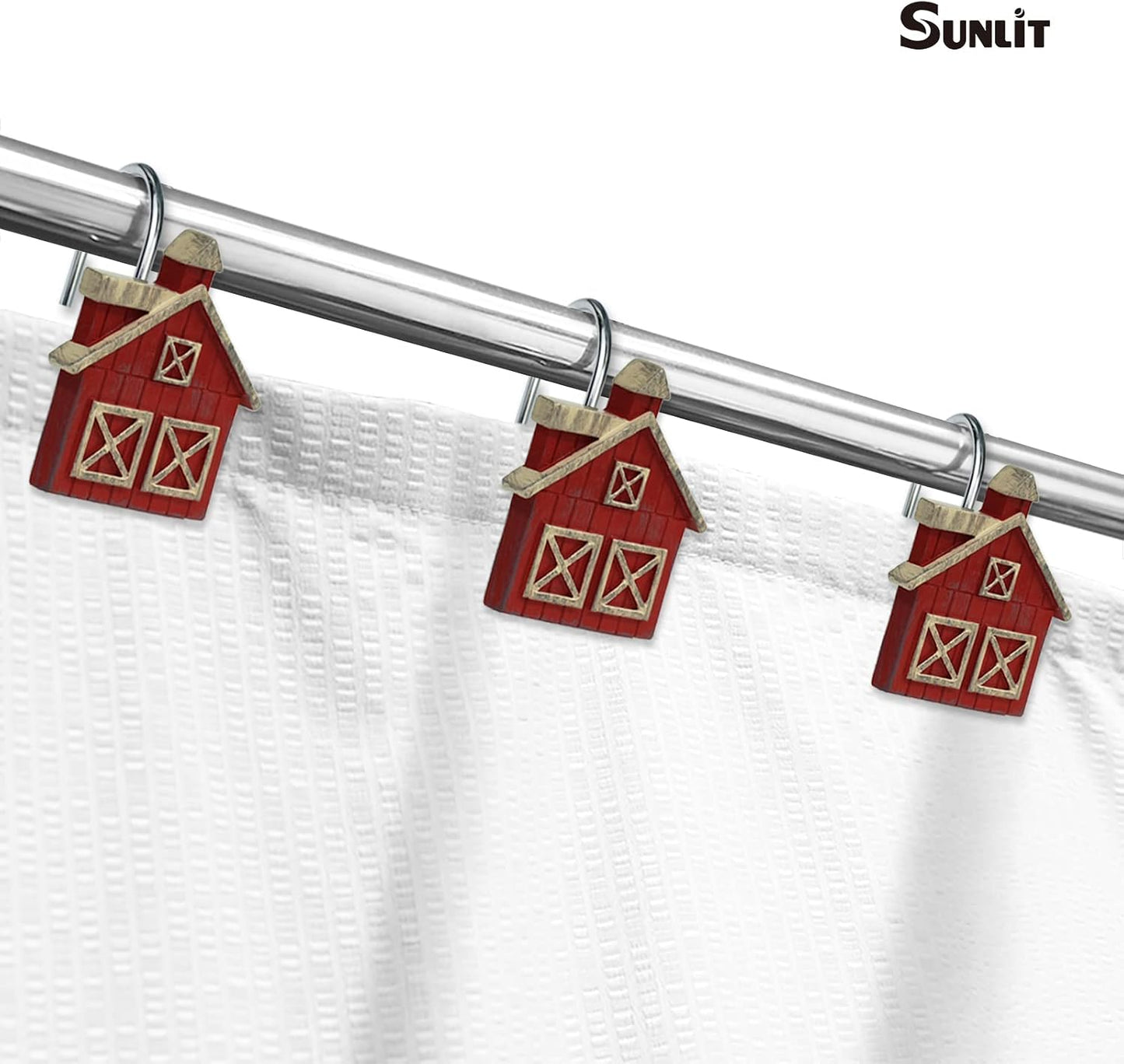 Sunlit Farmhouse Barn Christmas Shower Curtain Hooks, Rustic Red House Decorative Shower Curtain Rings, Resin, Wooden Plank Rural Country Bathroom Decoration Shower Curtain Hooks-12 Pack