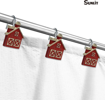 Sunlit Farmhouse Barn Christmas Shower Curtain Hooks, Rustic Red House Decorative Shower Curtain Rings, Resin, Wooden Plank Rural Country Bathroom Decoration Shower Curtain Hooks-12 Pack