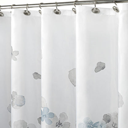 Sunlit Design Simple Style Blue and Gray Flower Blossoms Fabric Shower Curtains for Bathroom Decor with White Background, Machine Washable