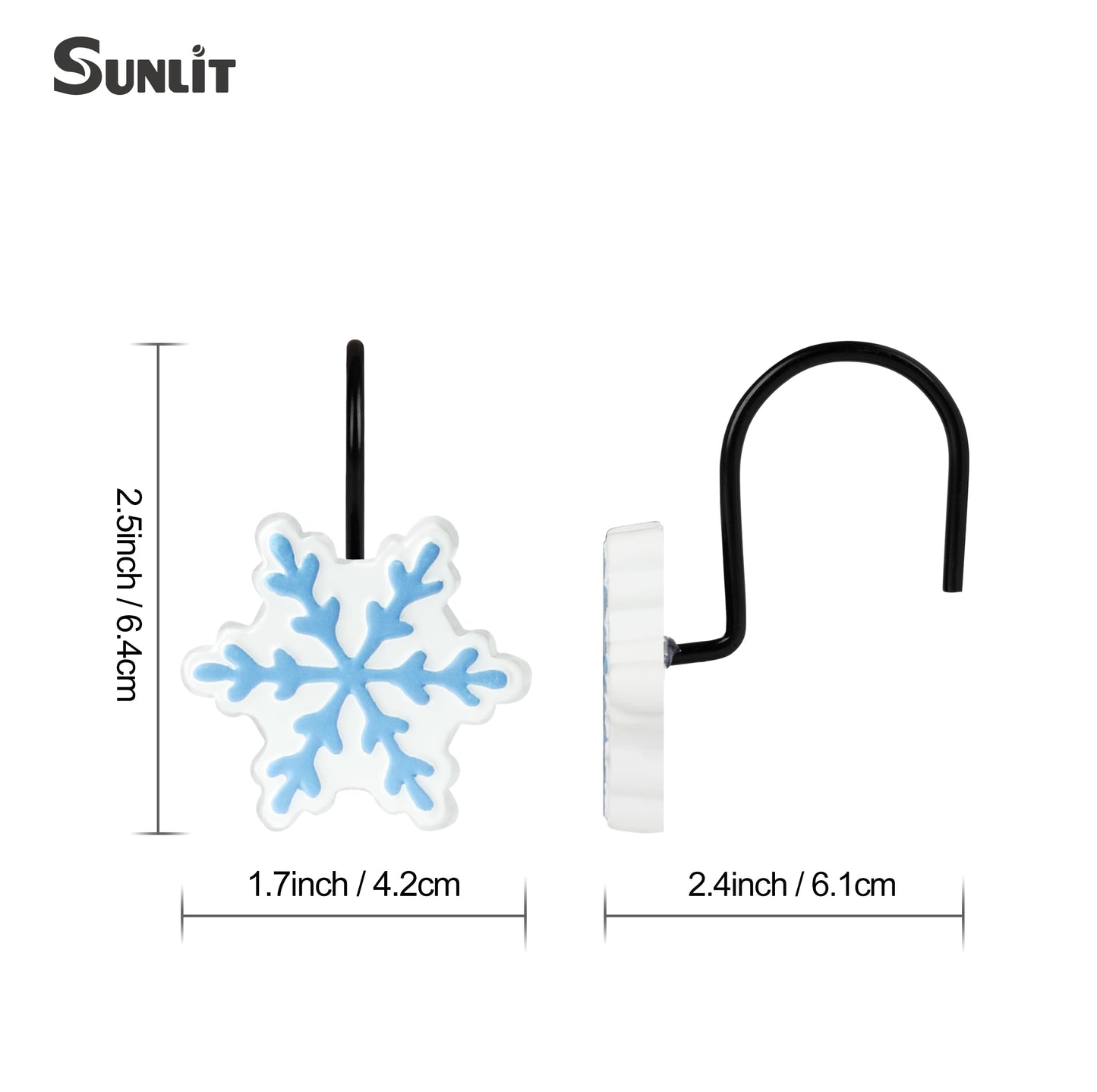 Sunlit Christmas Shower Curtain Hooks Silver Snowflakes Shower Curtain Rings, Resin, White Christmas Decor, Winter Bathroom Decoration - 12 Pack