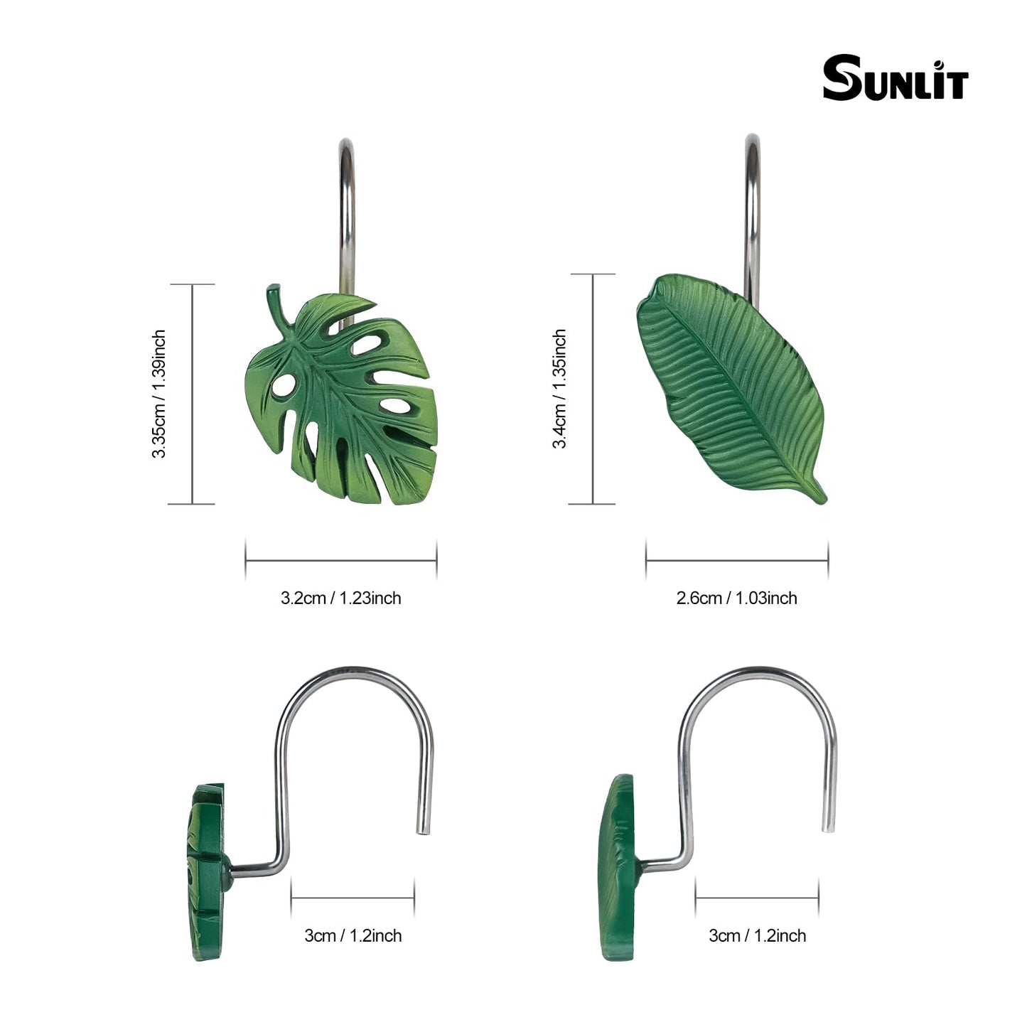 Tropical Leaf Decorative Shower Curtain Hooks Green Botanical Shower Curtain Rings, Resin, Monstera Deliciosa Leaves Shower Curtain Hangers for Bathroom, Set of 12