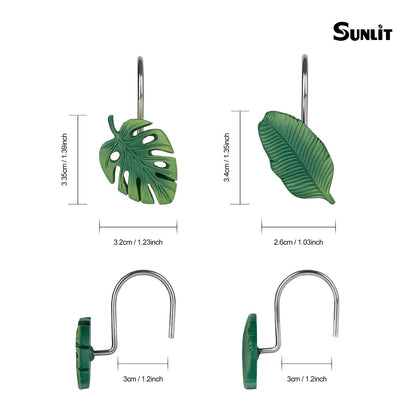 Tropical Leaf Decorative Shower Curtain Hooks Green Botanical Shower Curtain Rings, Resin, Monstera Deliciosa Leaves Shower Curtain Hangers for Bathroom, Set of 12