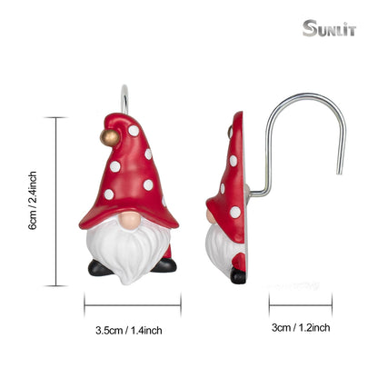 Sunlit Christmas Shower Curtain Hooks, Gnome Shower Curtain Rings, Hand Painted Resin Christmas Decor, Winter Bathroom Decoration, Black Green Red with Star, Set of 12